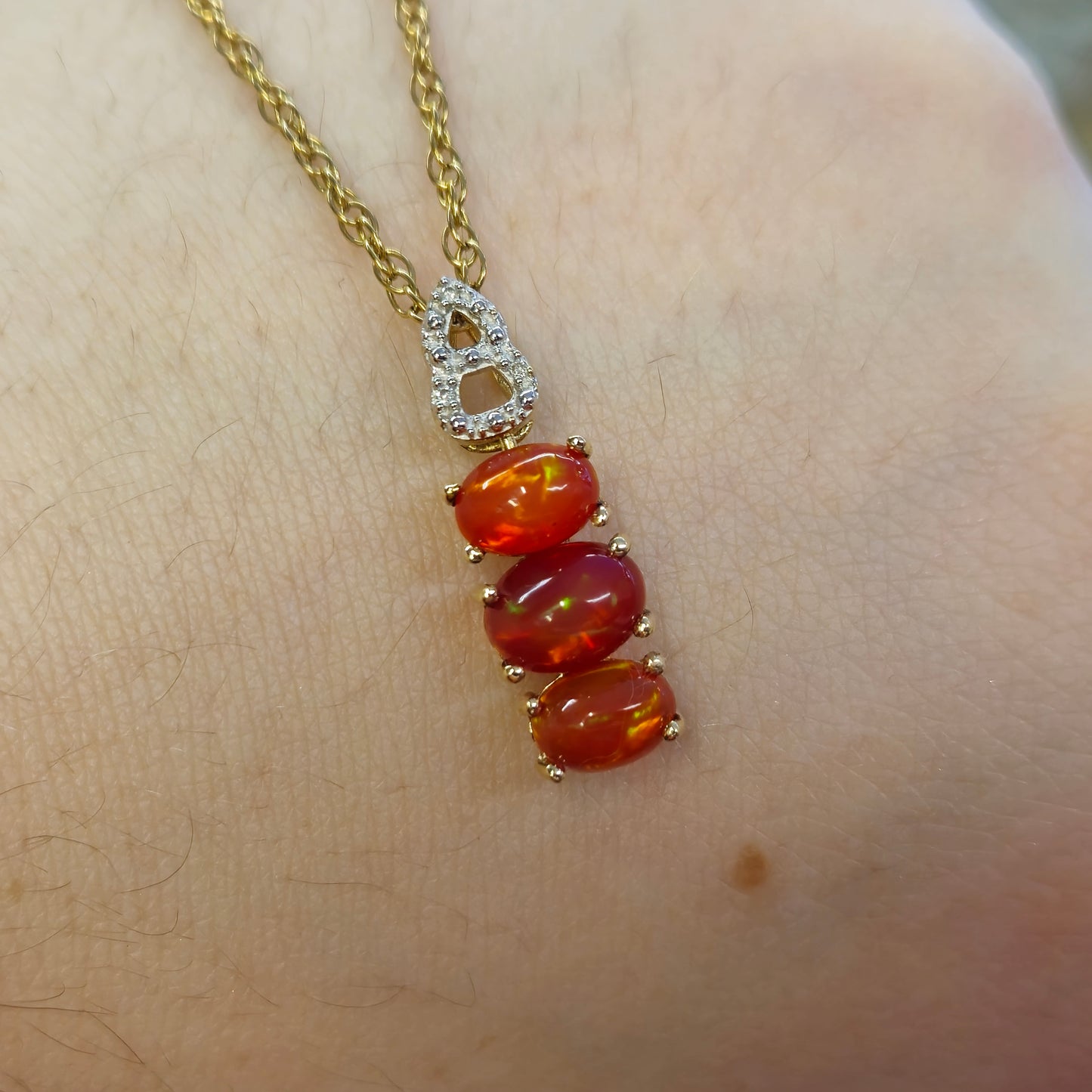 9ct Yellow Gold Fire Opal and Diamond Pendant and Chain Necklace