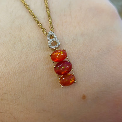 9ct Yellow Gold Fire Opal and Diamond Pendant and Chain Necklace