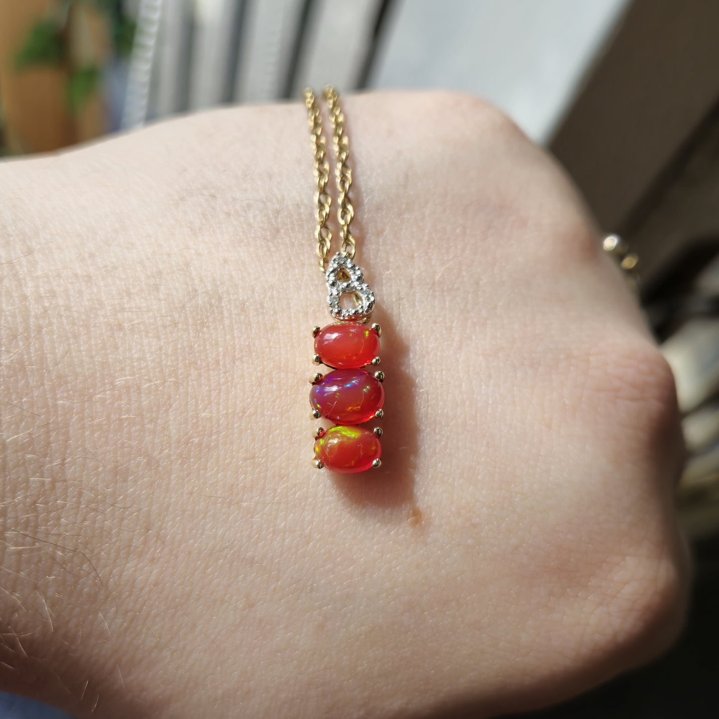 9ct Yellow Gold Fire Opal and Diamond Pendant and Chain Necklace
