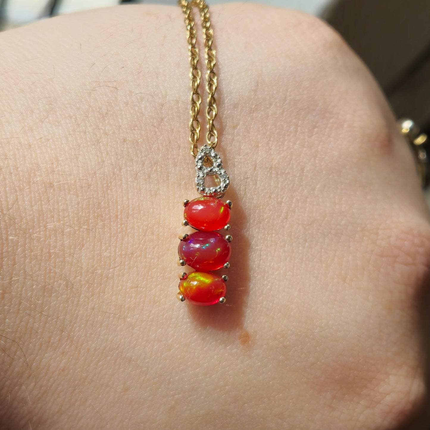 9ct Yellow Gold Fire Opal and Diamond Pendant and Chain Necklace