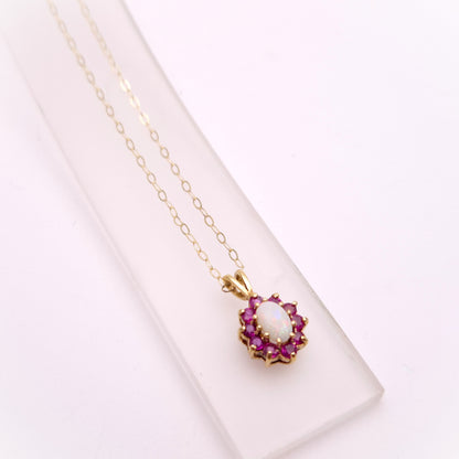 9ct yellow Gold Opal and Ruby Cluster Pendant Necklace