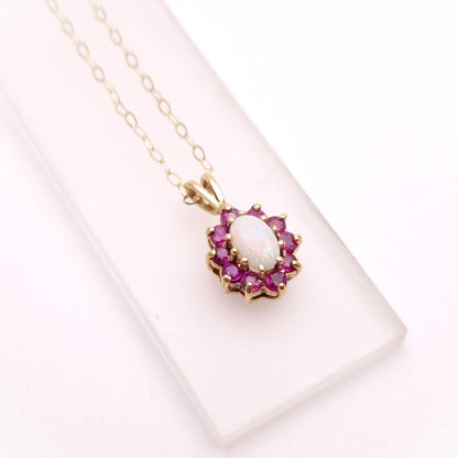 9ct yellow Gold Opal and Ruby Cluster Pendant Necklace