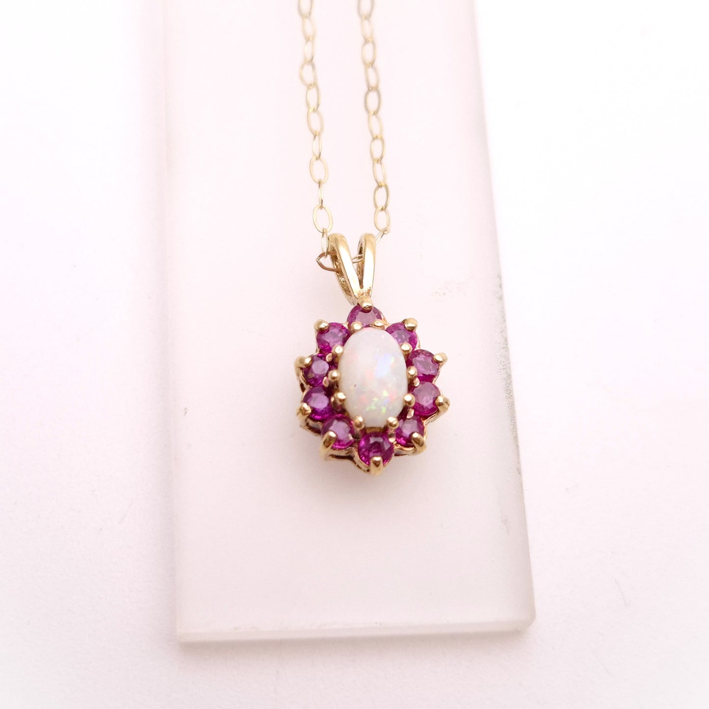 9ct yellow Gold Opal and Ruby Cluster Pendant Necklace