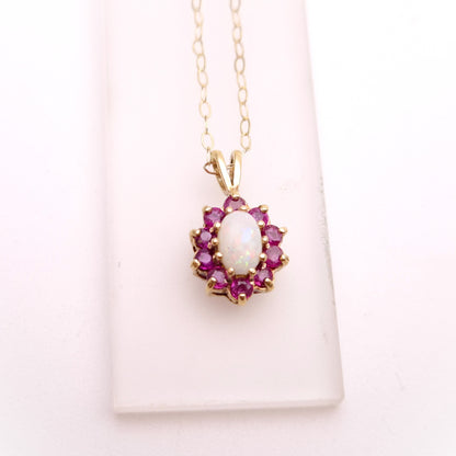 9ct yellow Gold Opal and Ruby Cluster Pendant Necklace