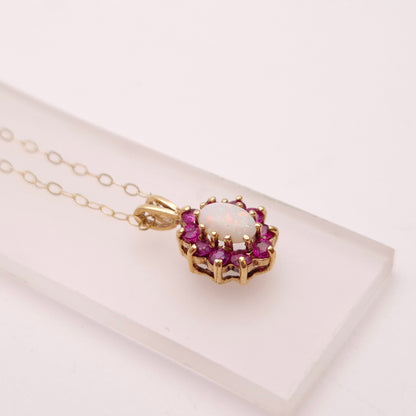 9ct yellow Gold Opal and Ruby Cluster Pendant Necklace