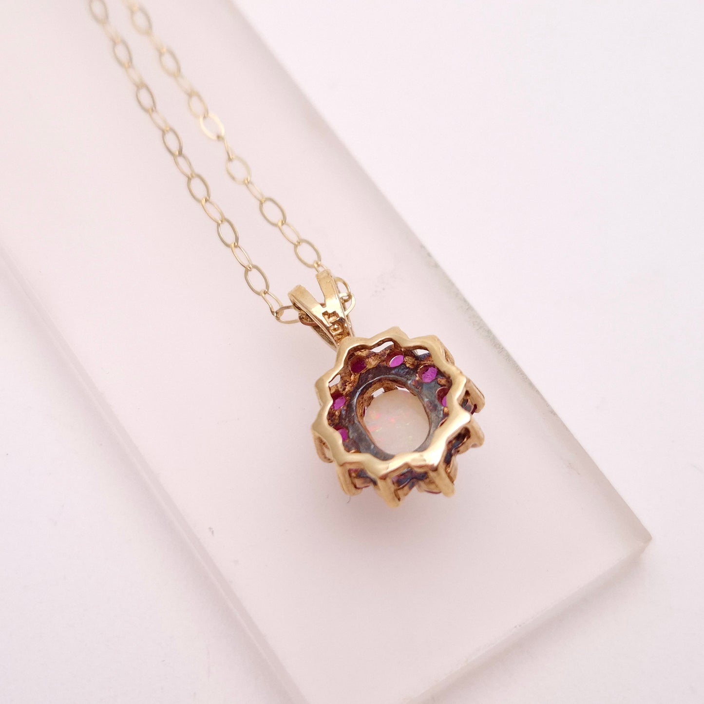 9ct yellow Gold Opal and Ruby Cluster Pendant Necklace