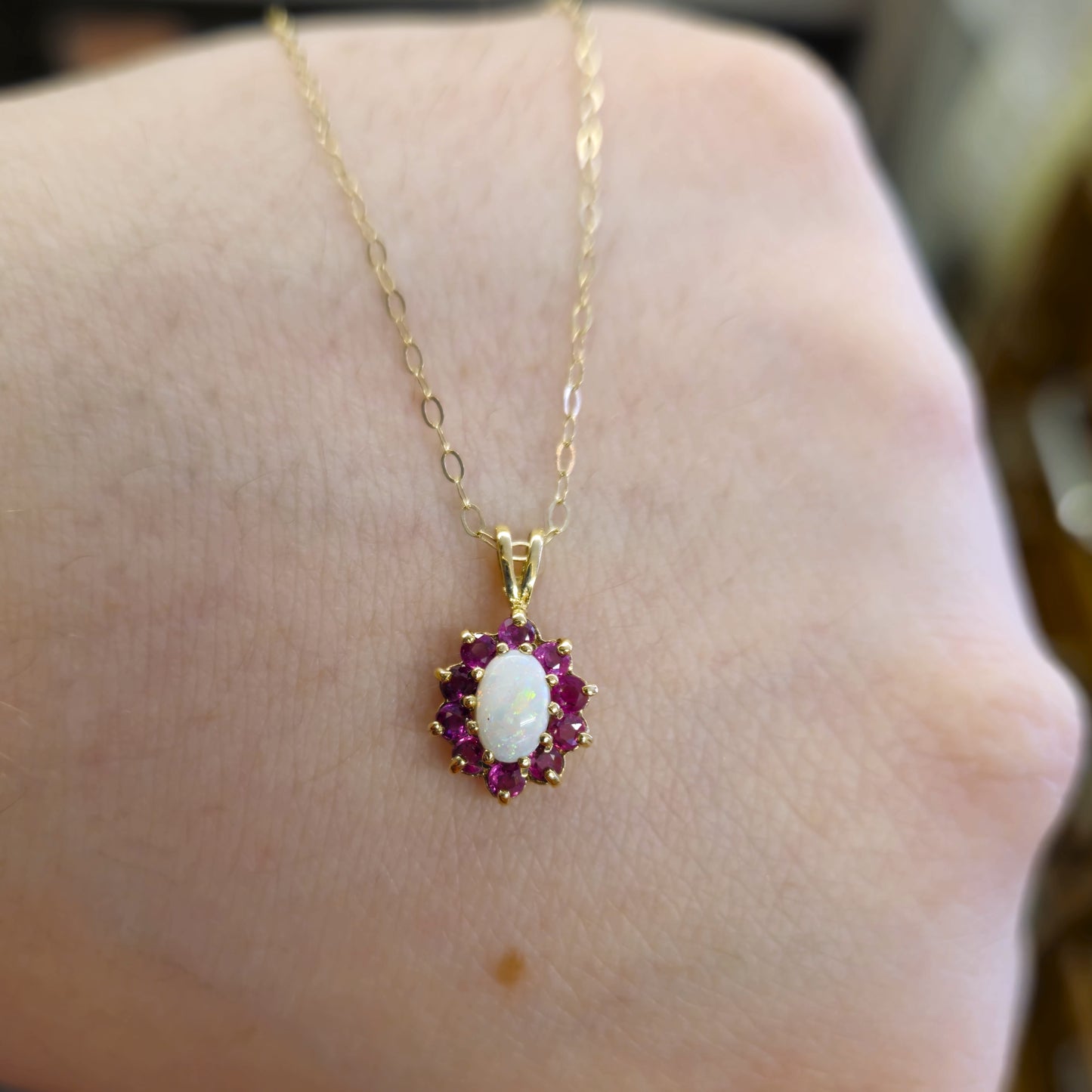 9ct yellow Gold Opal and Ruby Cluster Pendant Necklace