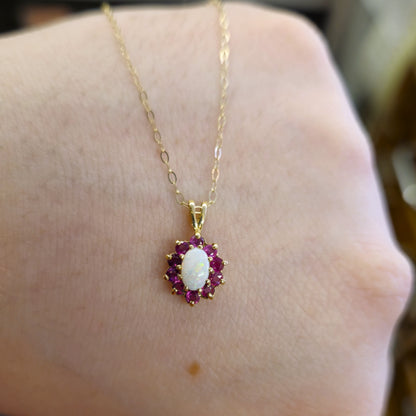 9ct yellow Gold Opal and Ruby Cluster Pendant Necklace