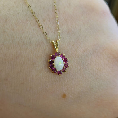 9ct yellow Gold Opal and Ruby Cluster Pendant Necklace