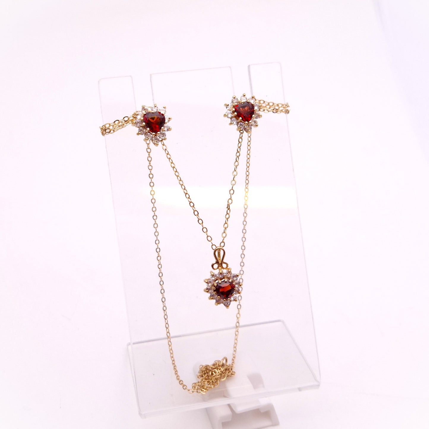 9ct Yellow Gold Garnet and CZ Heart Cluster Necklace and Earring Set