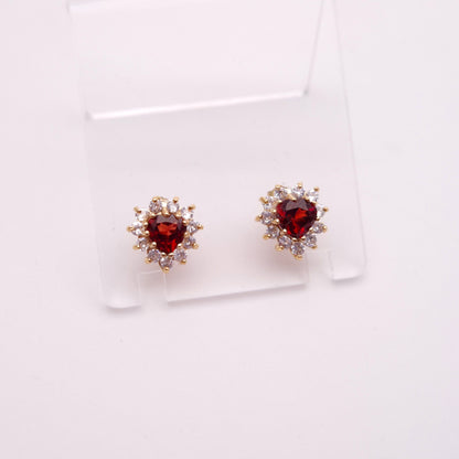 9ct Yellow Gold Garnet and CZ Heart Cluster Necklace and Earring Set