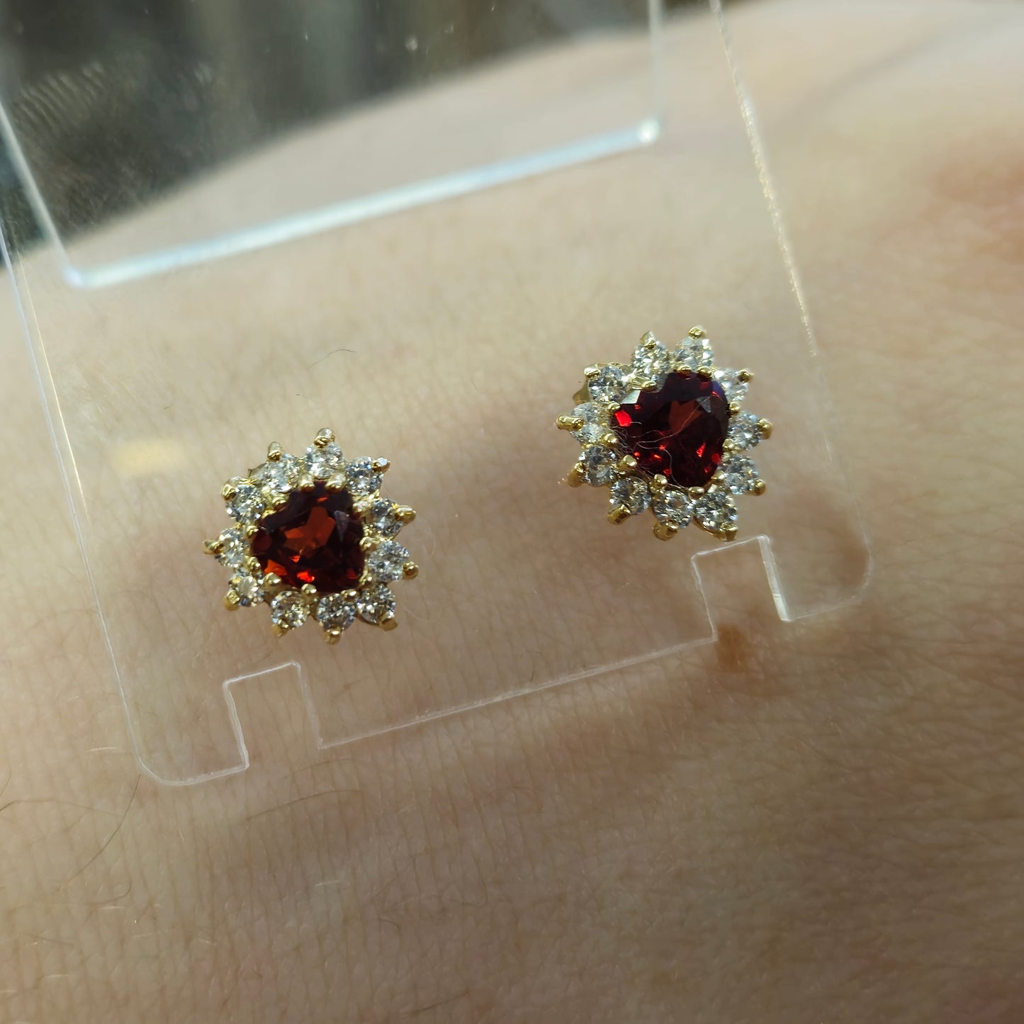 9ct Yellow Gold Garnet and CZ Heart Cluster Necklace and Earring Set