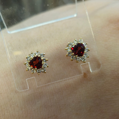 9ct Yellow Gold Garnet and CZ Heart Cluster Necklace and Earring Set