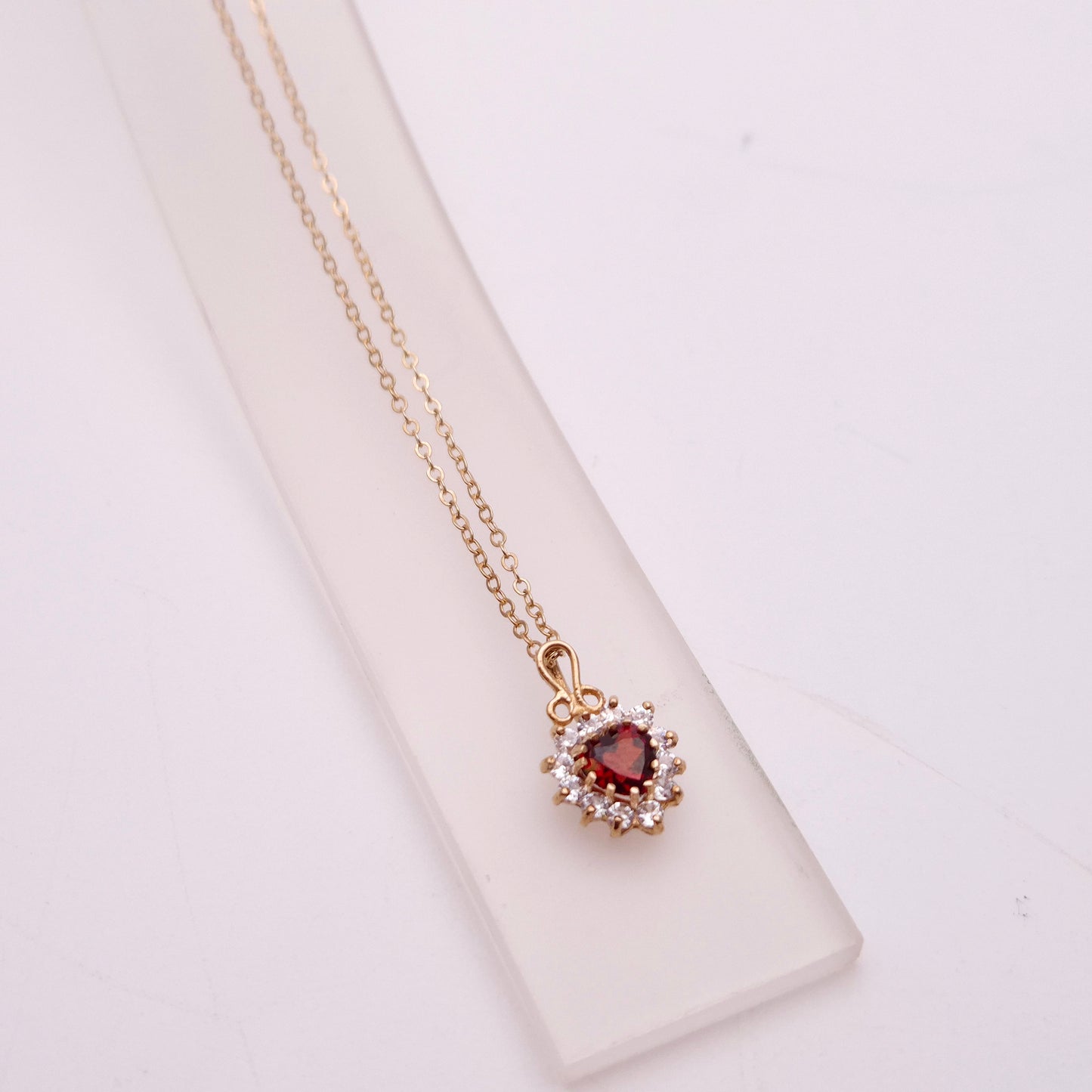9ct Yellow Gold Garnet and CZ Heart Cluster Necklace and Earring Set