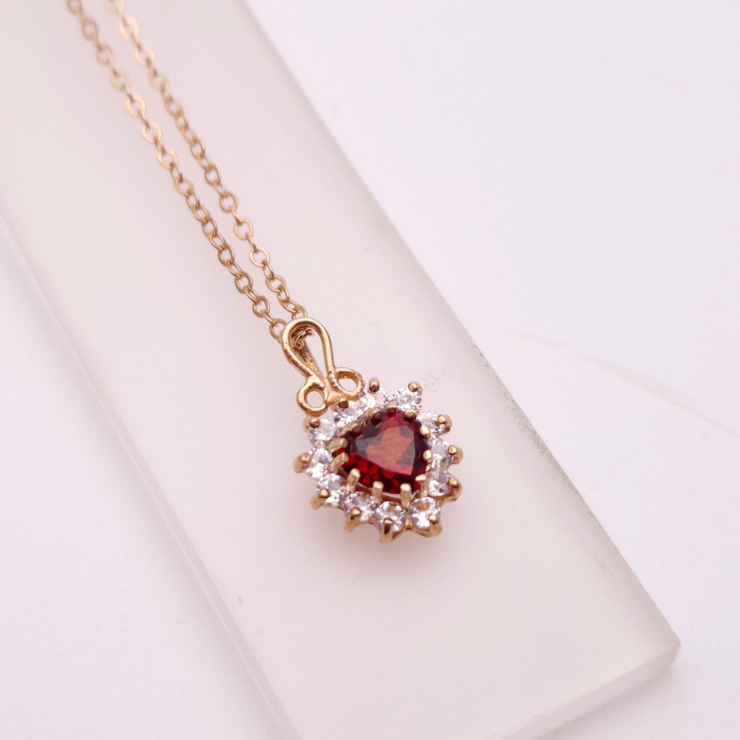9ct Yellow Gold Garnet and CZ Heart Cluster Necklace and Earring Set