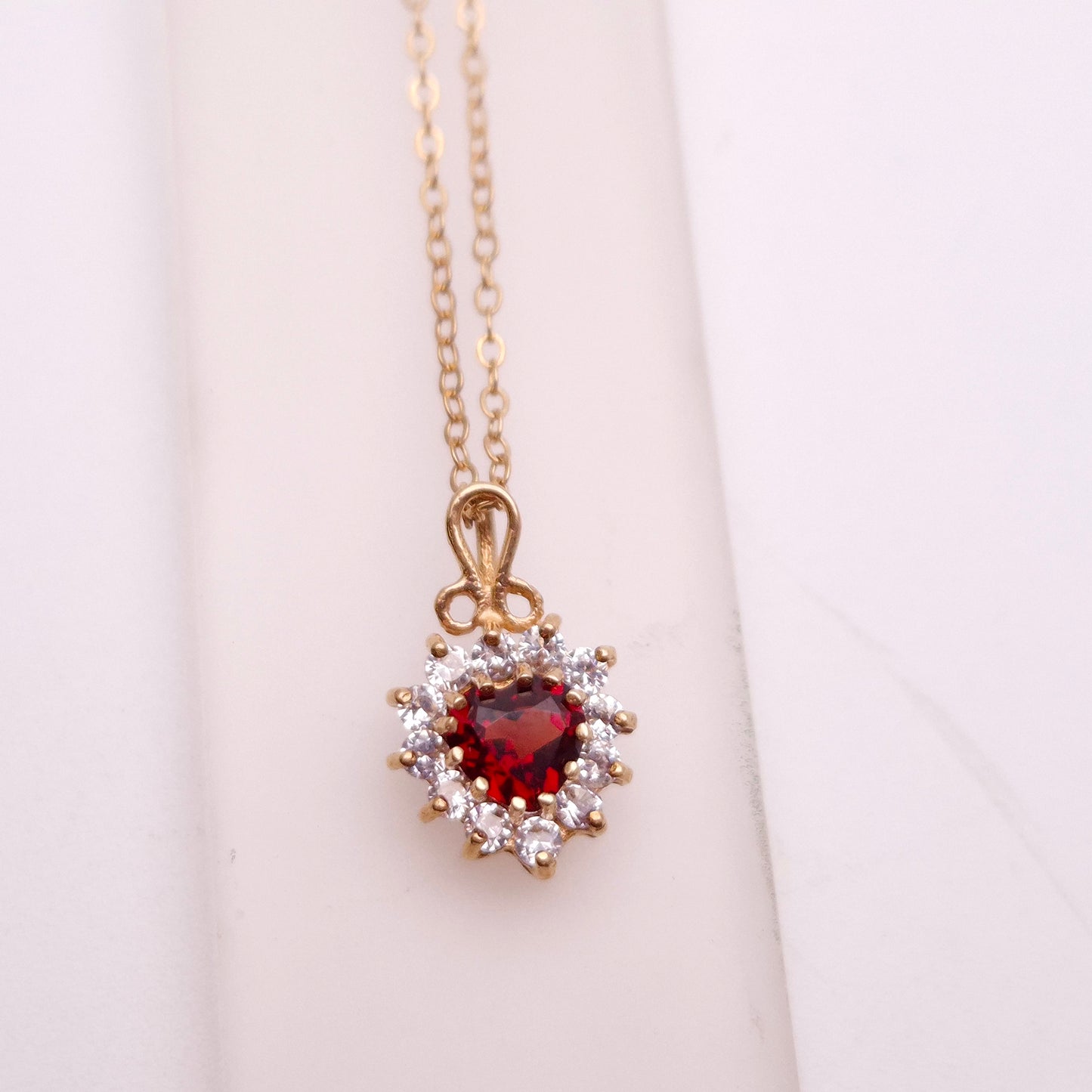 9ct Yellow Gold Garnet and CZ Heart Cluster Necklace and Earring Set