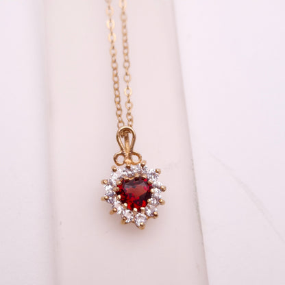 9ct Yellow Gold Garnet and CZ Heart Cluster Necklace and Earring Set