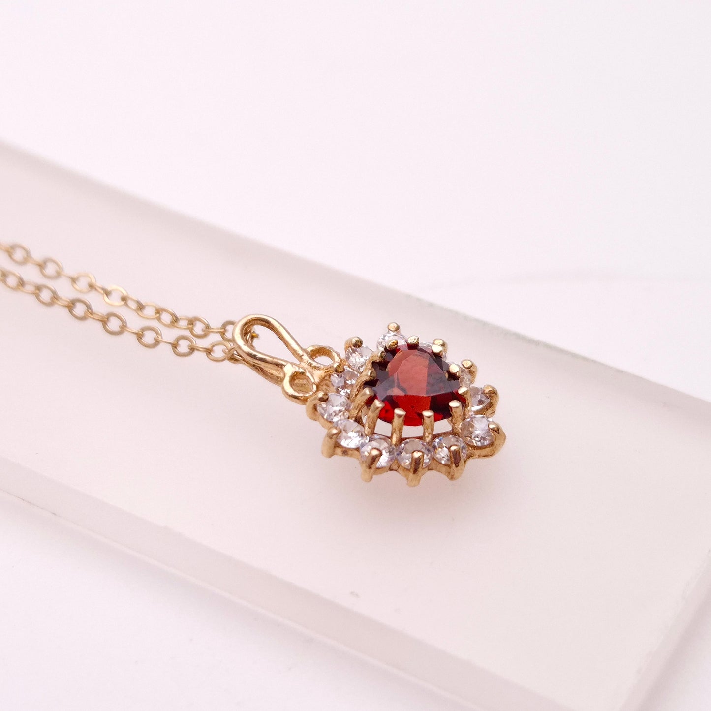 9ct Yellow Gold Garnet and CZ Heart Cluster Necklace and Earring Set