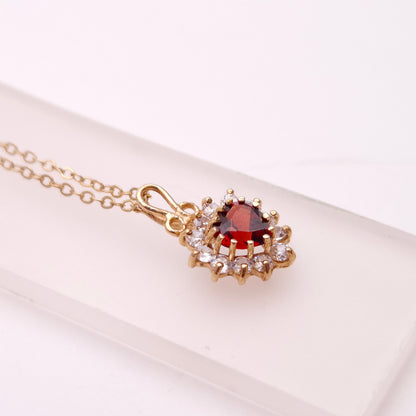 9ct Yellow Gold Garnet and CZ Heart Cluster Necklace and Earring Set