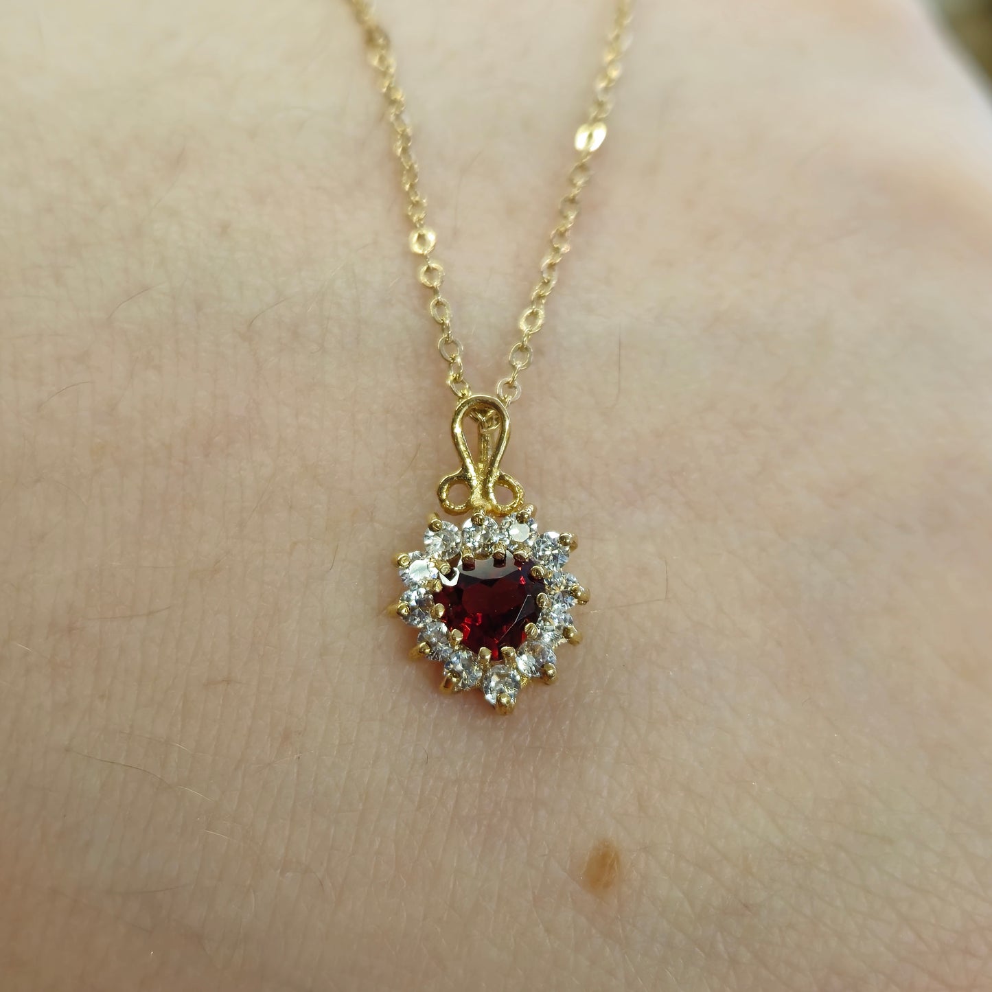 9ct Yellow Gold Garnet and CZ Heart Cluster Necklace and Earring Set
