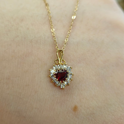 9ct Yellow Gold Garnet and CZ Heart Cluster Necklace and Earring Set