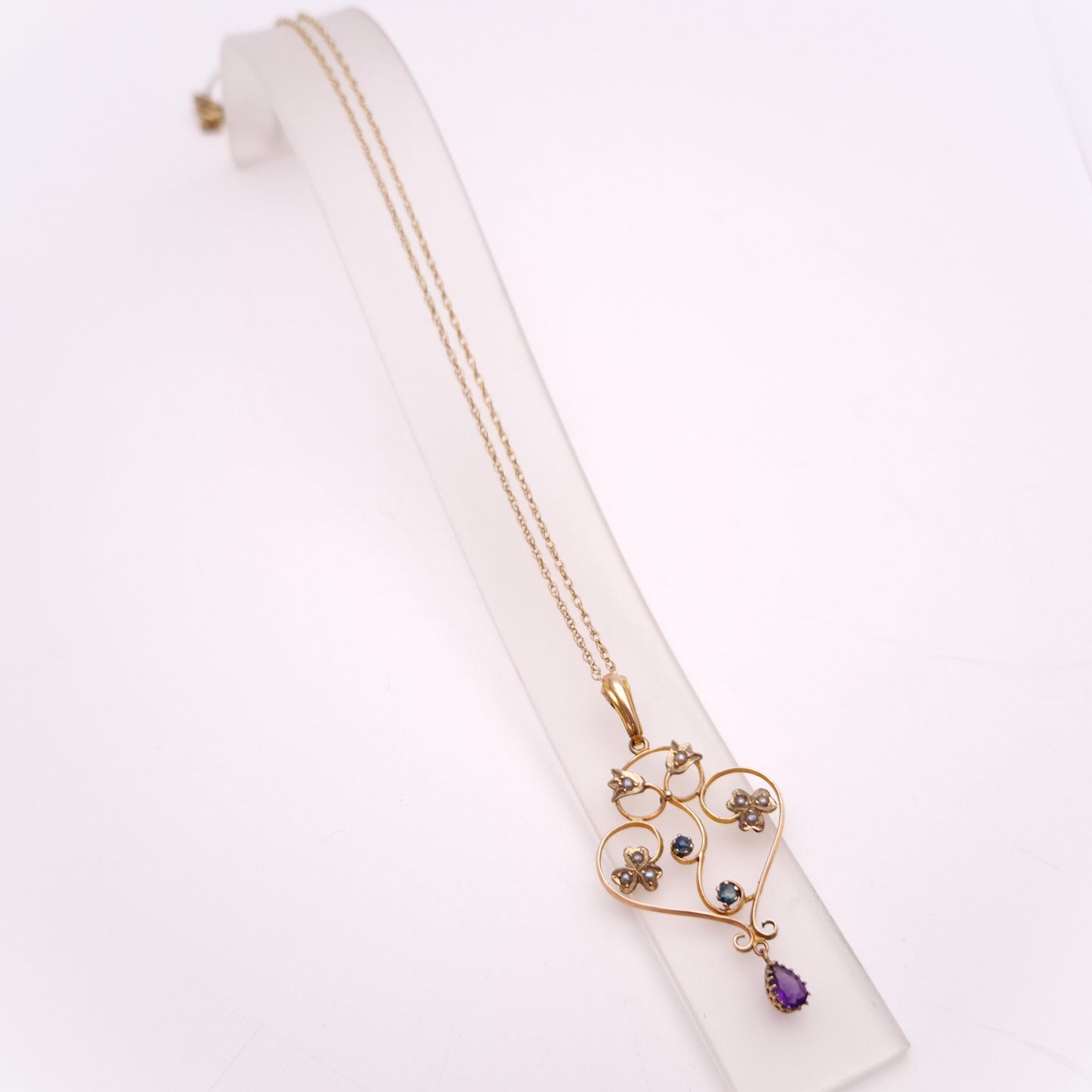 9ct Yellow Gold Antique Edwardian Pearl, Amethyst and Sapphire Necklace