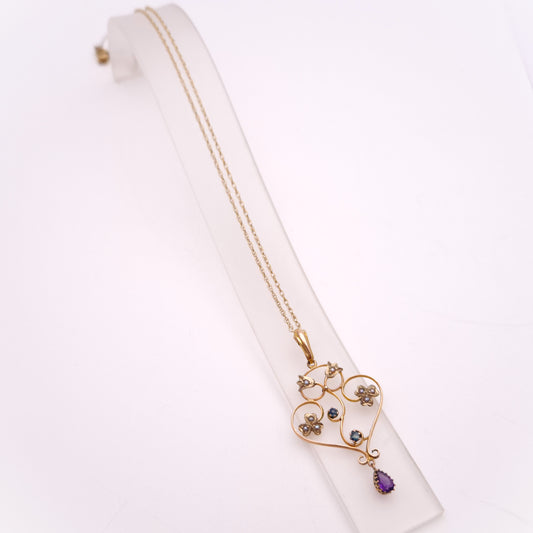 9ct Yellow Gold Antique Edwardian Pearl, Amethyst and Sapphire Necklace