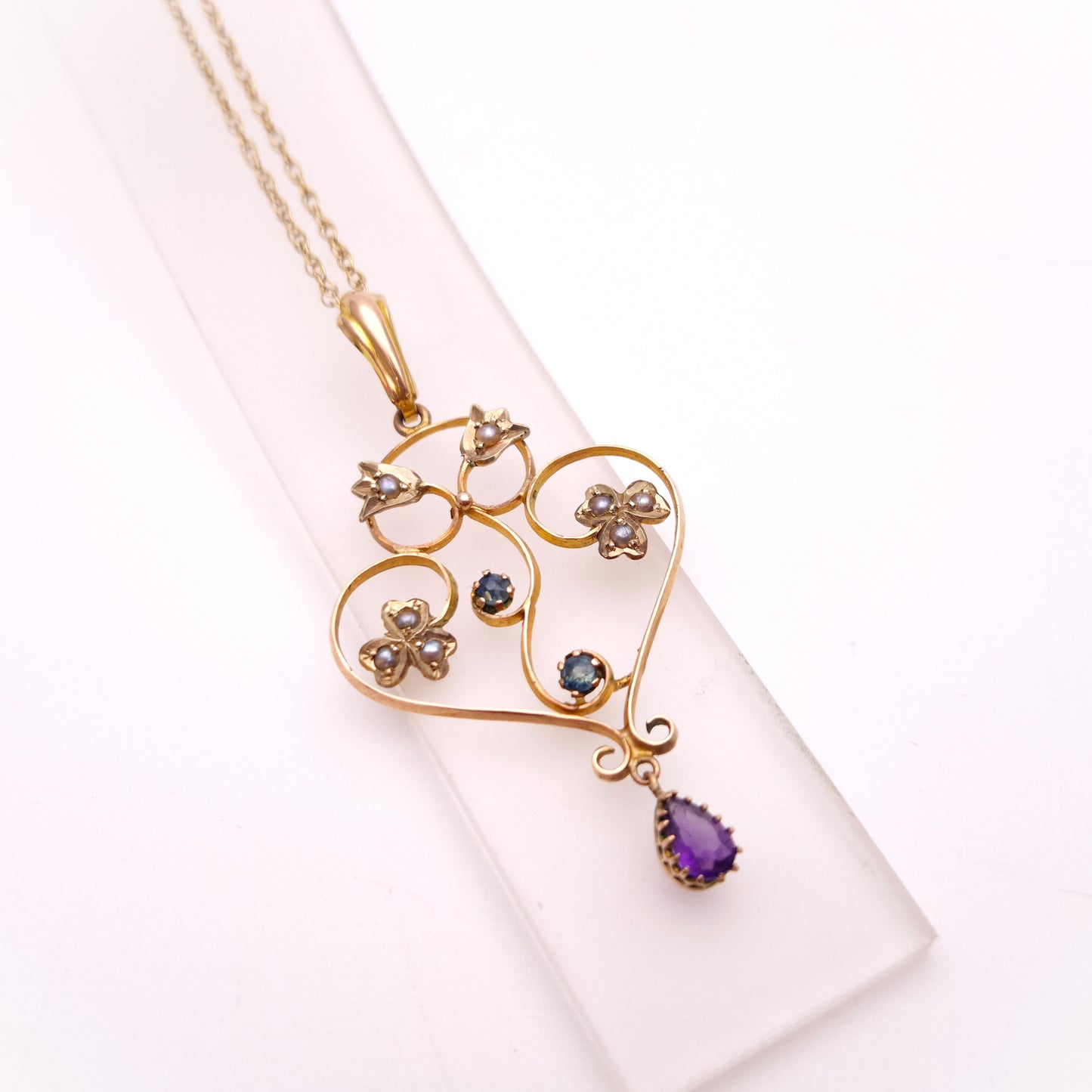 9ct Yellow Gold Antique Edwardian Pearl, Amethyst and Sapphire Necklace