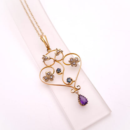 9ct Yellow Gold Antique Edwardian Pearl, Amethyst and Sapphire Necklace