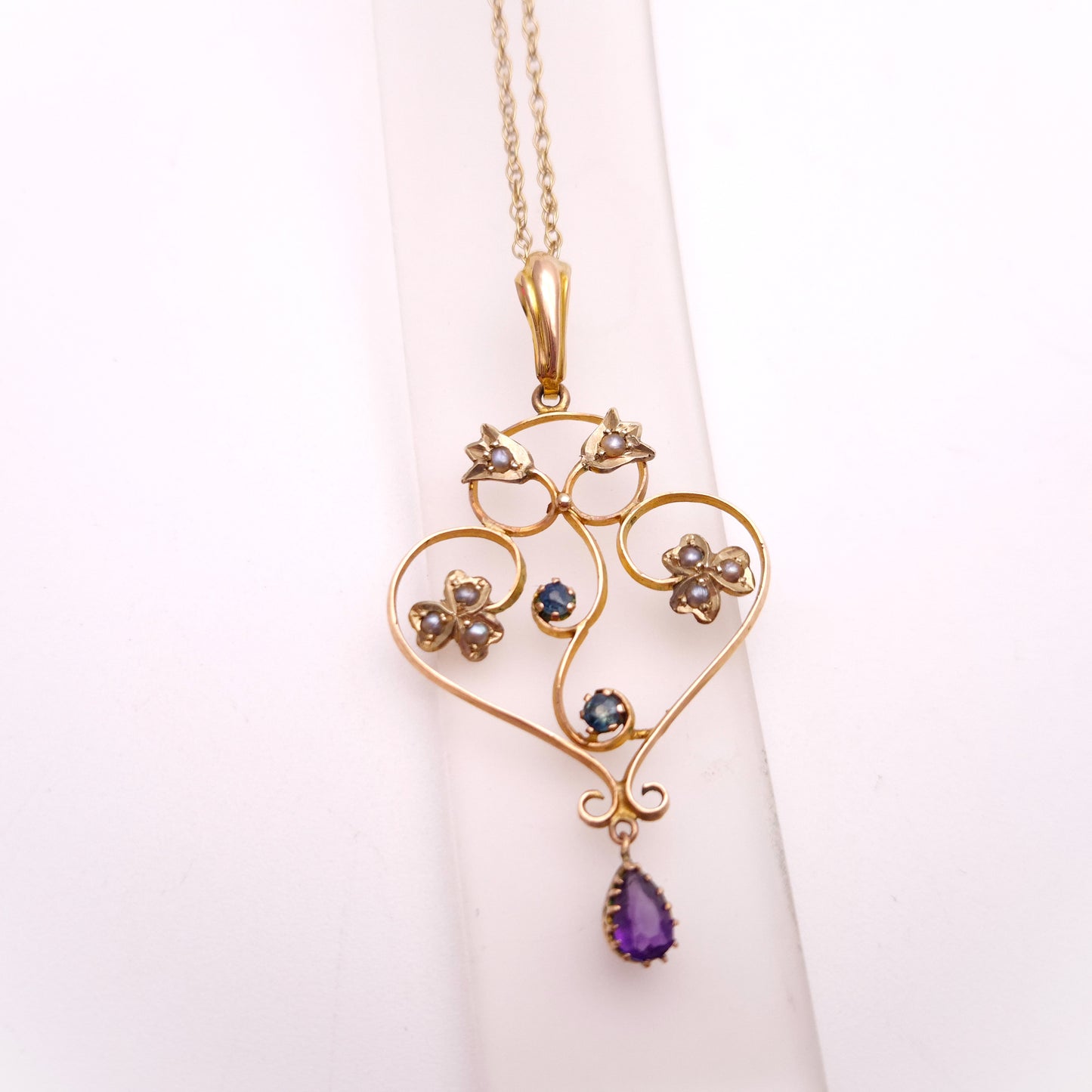 9ct Yellow Gold Antique Edwardian Pearl, Amethyst and Sapphire Necklace
