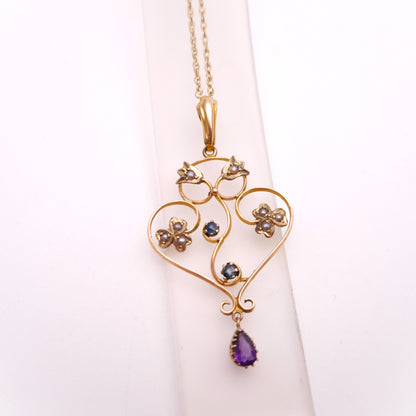 9ct Yellow Gold Antique Edwardian Pearl, Amethyst and Sapphire Necklace