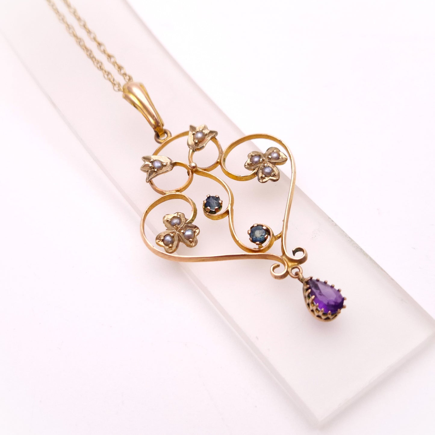 9ct Yellow Gold Antique Edwardian Pearl, Amethyst and Sapphire Necklace