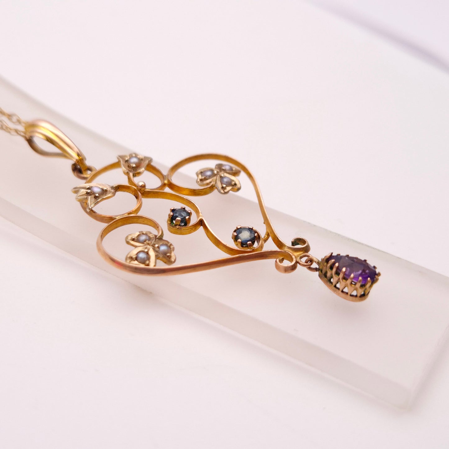 9ct Yellow Gold Antique Edwardian Pearl, Amethyst and Sapphire Necklace