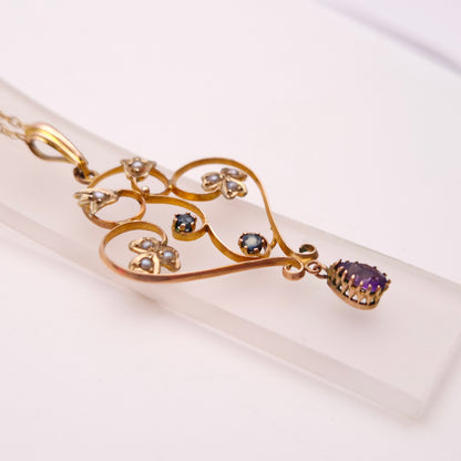 9ct Yellow Gold Antique Edwardian Pearl, Amethyst and Sapphire Necklace