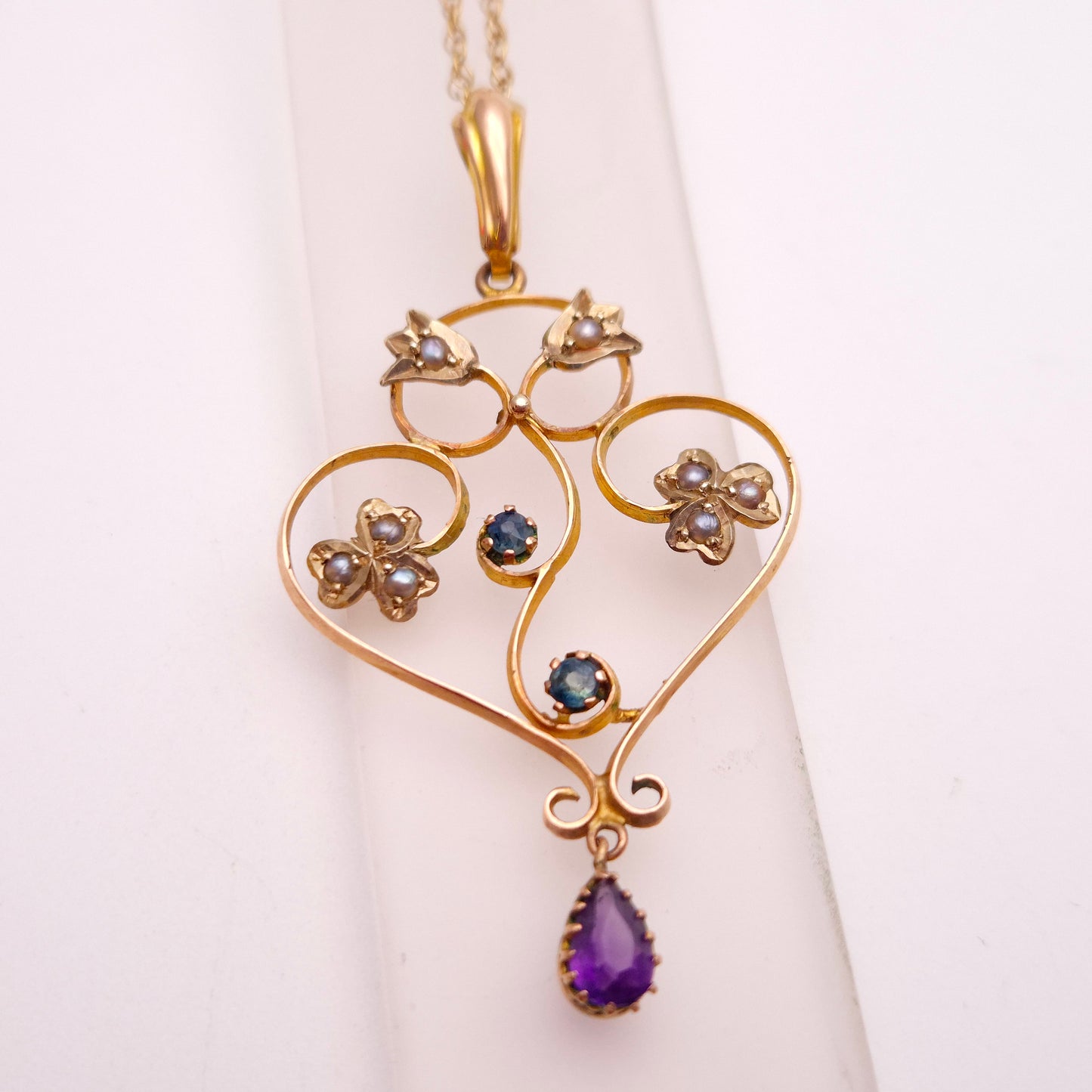 9ct Yellow Gold Antique Edwardian Pearl, Amethyst and Sapphire Necklace