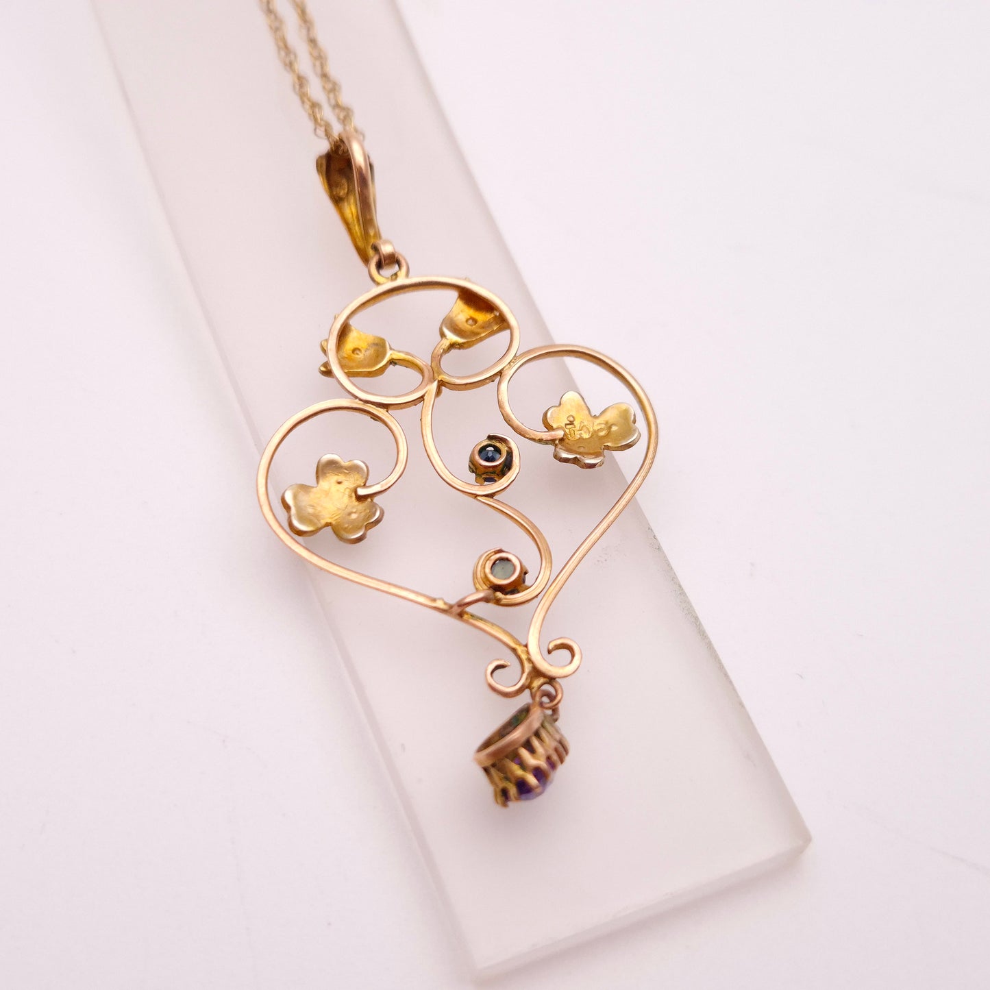 9ct Yellow Gold Antique Edwardian Pearl, Amethyst and Sapphire Necklace