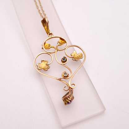 9ct Yellow Gold Antique Edwardian Pearl, Amethyst and Sapphire Necklace