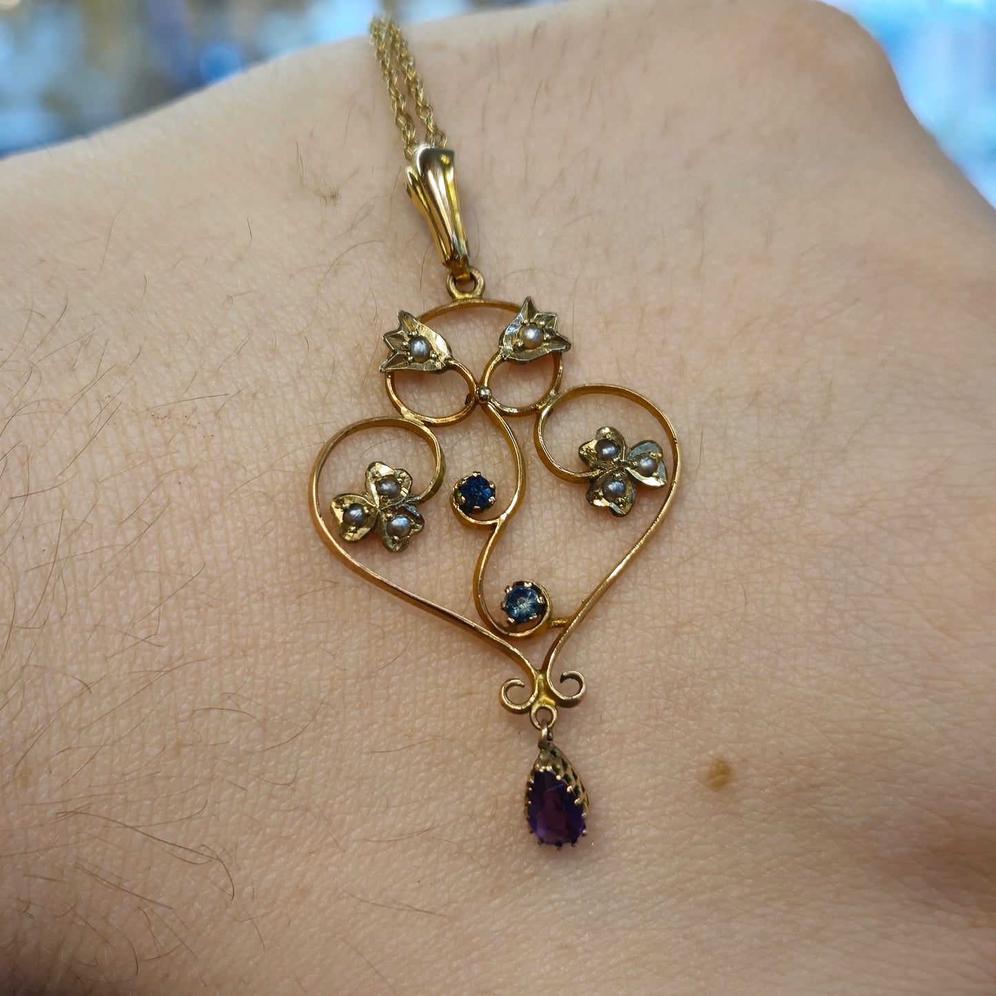 9ct Yellow Gold Antique Edwardian Pearl, Amethyst and Sapphire Necklace