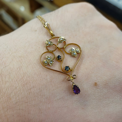 9ct Yellow Gold Antique Edwardian Pearl, Amethyst and Sapphire Necklace