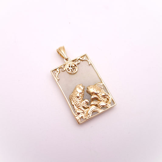 9ct Yellow Gold Jade Fish Panel Pendant Piece