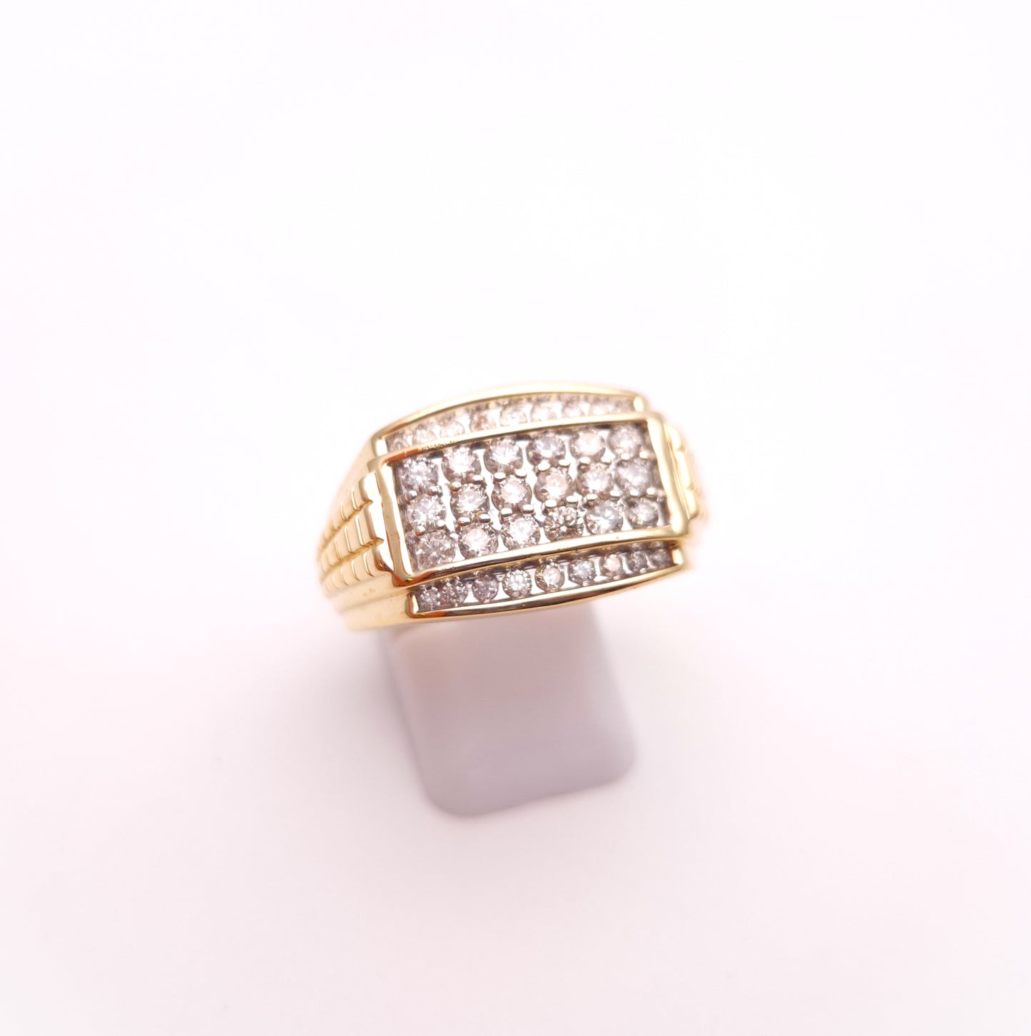 9ct Yellow Gold Gents Diamond Set Block Signet Statement Ring