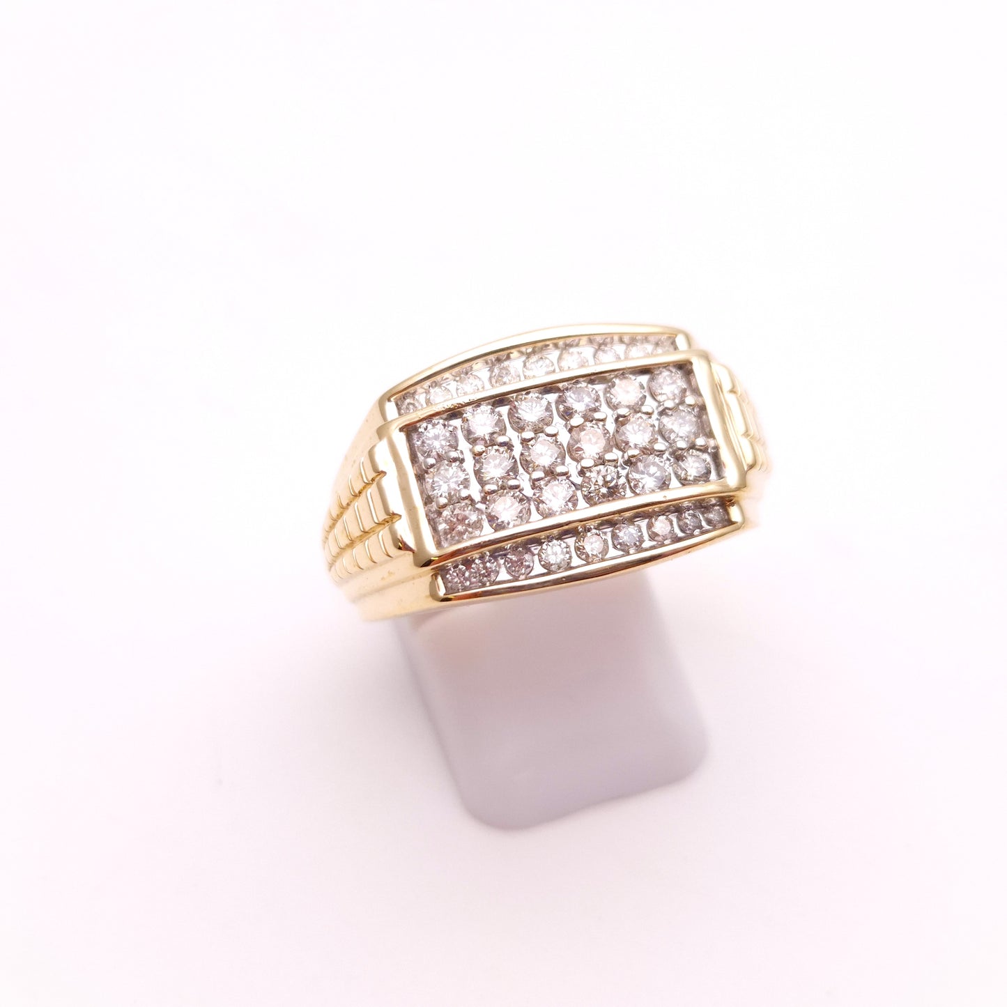 9ct Yellow Gold Gents Diamond Set Block Signet Statement Ring