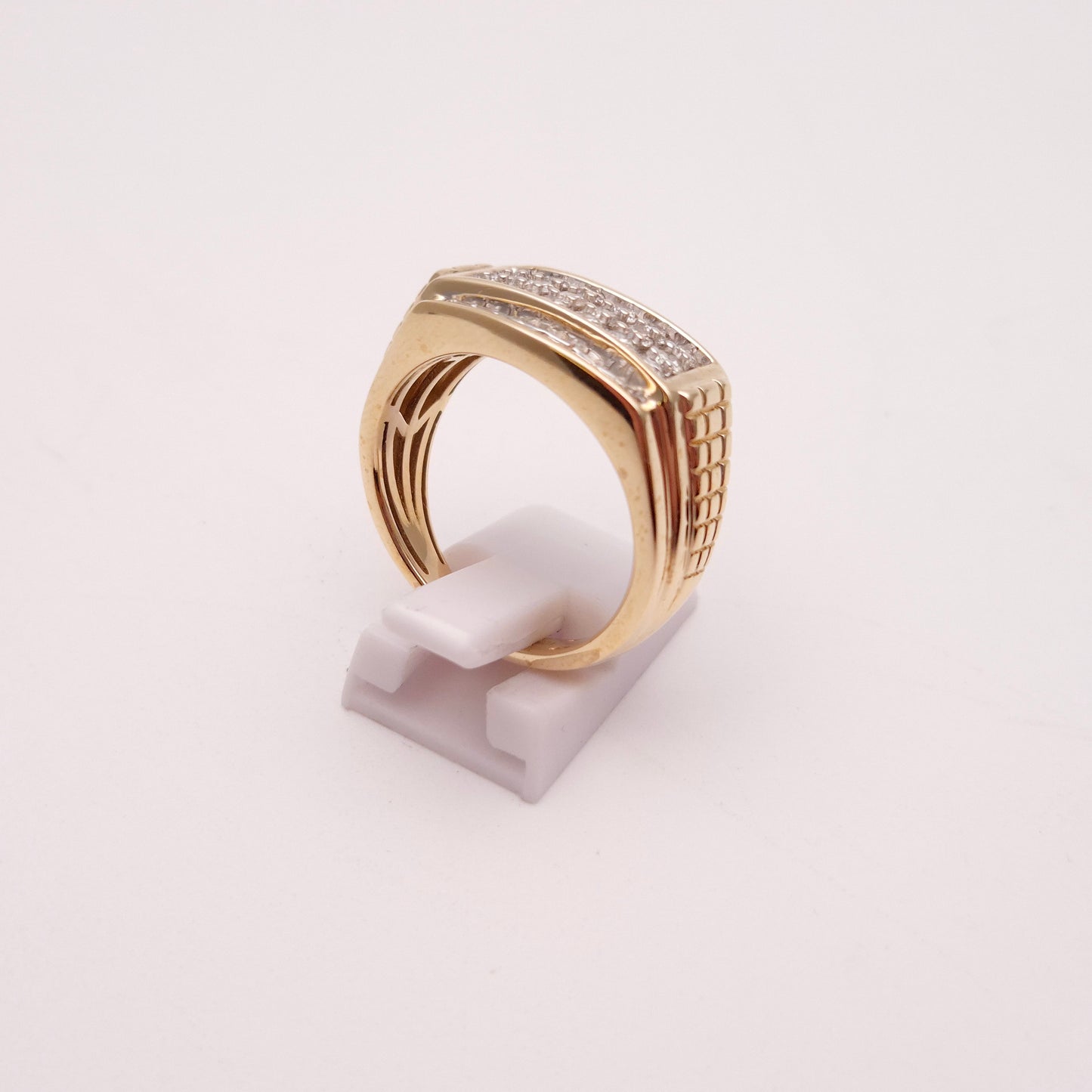 9ct Yellow Gold Gents Diamond Set Block Signet Statement Ring