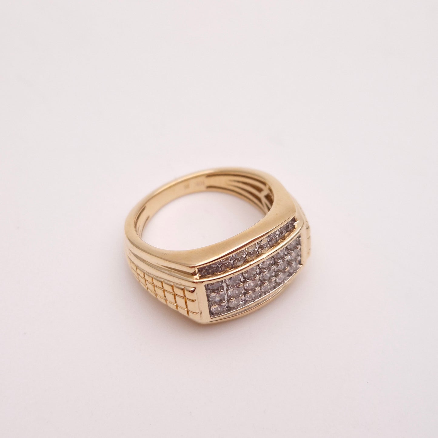 9ct Yellow Gold Gents Diamond Set Block Signet Statement Ring