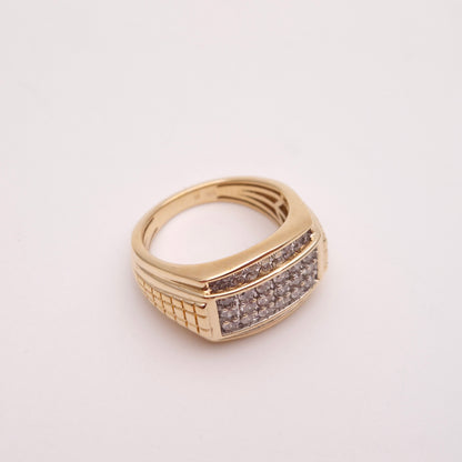 9ct Yellow Gold Gents Diamond Set Block Signet Statement Ring