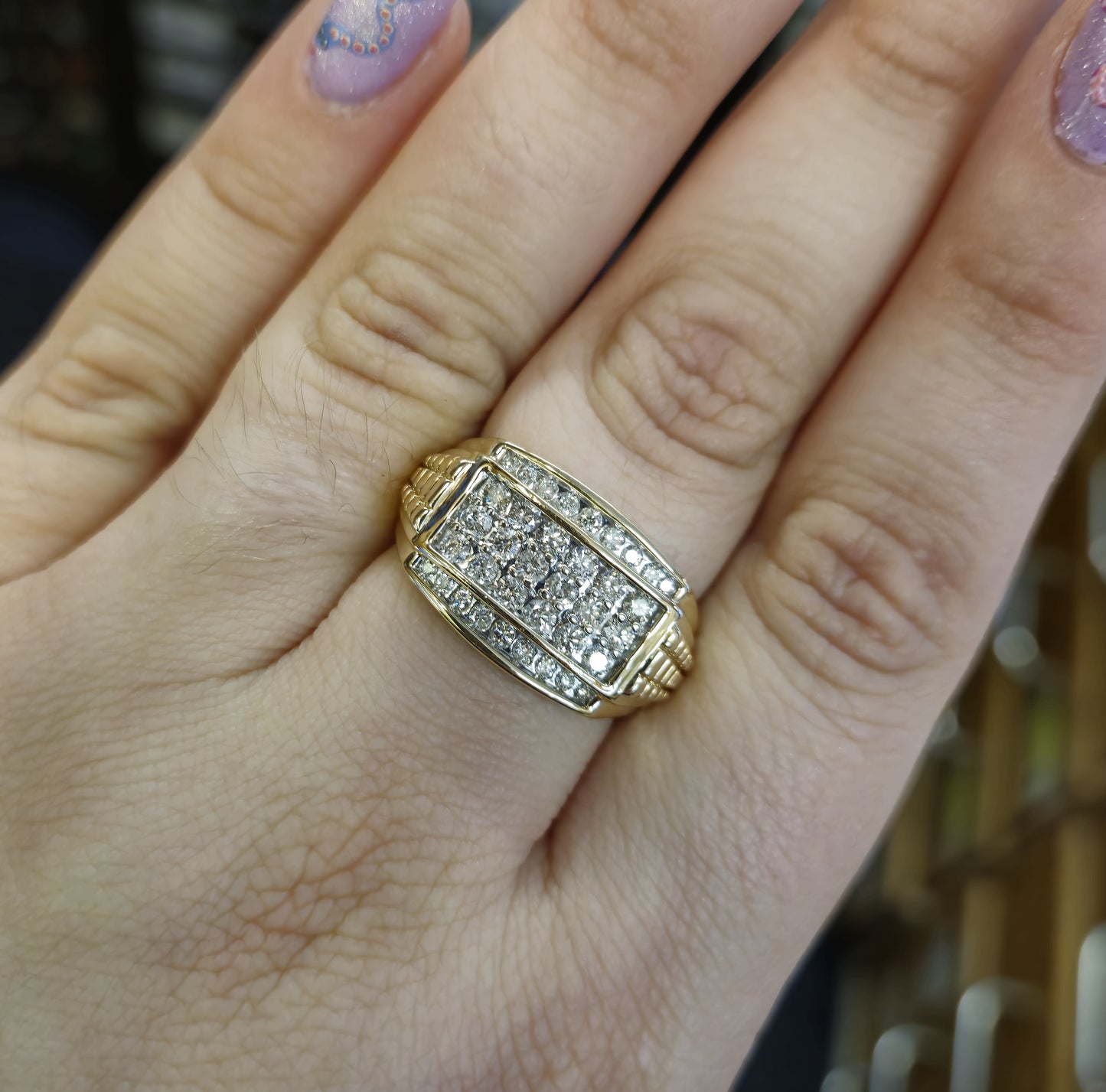 9ct Yellow Gold Gents Diamond Set Block Signet Statement Ring