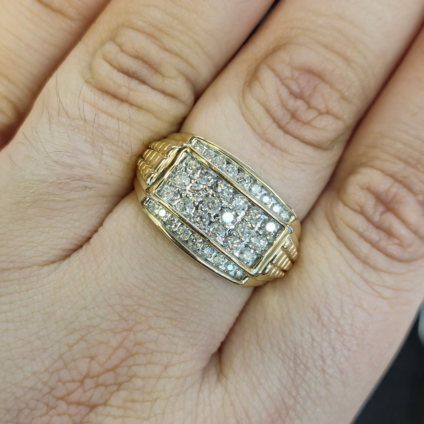 9ct Yellow Gold Gents Diamond Set Block Signet Statement Ring