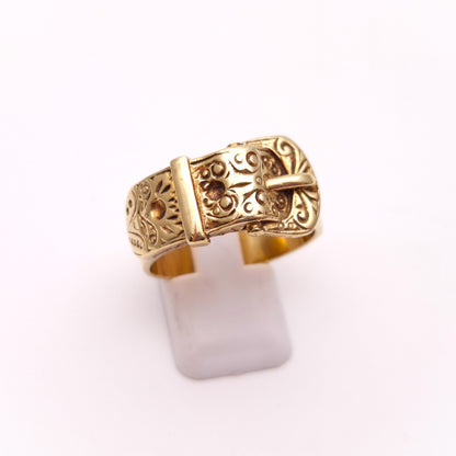 9ct Yellow Gold Wide Gents Patterned Buckle Ring