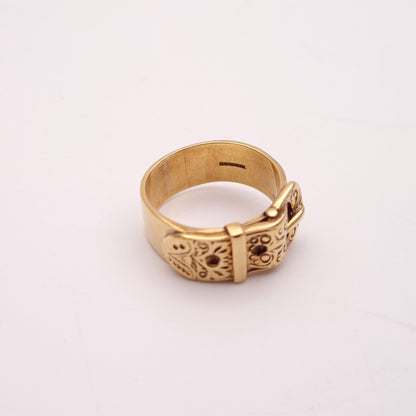 9ct Yellow Gold Wide Gents Patterned Buckle Ring