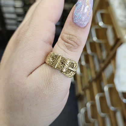 9ct Yellow Gold Wide Gents Patterned Buckle Ring